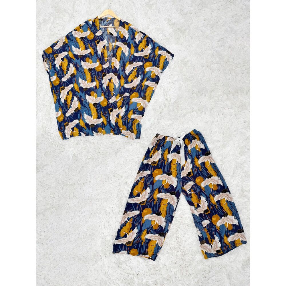 Japanese Crane Print Kimono Style Two Piece Lounge Set XL Wide Leg Pants